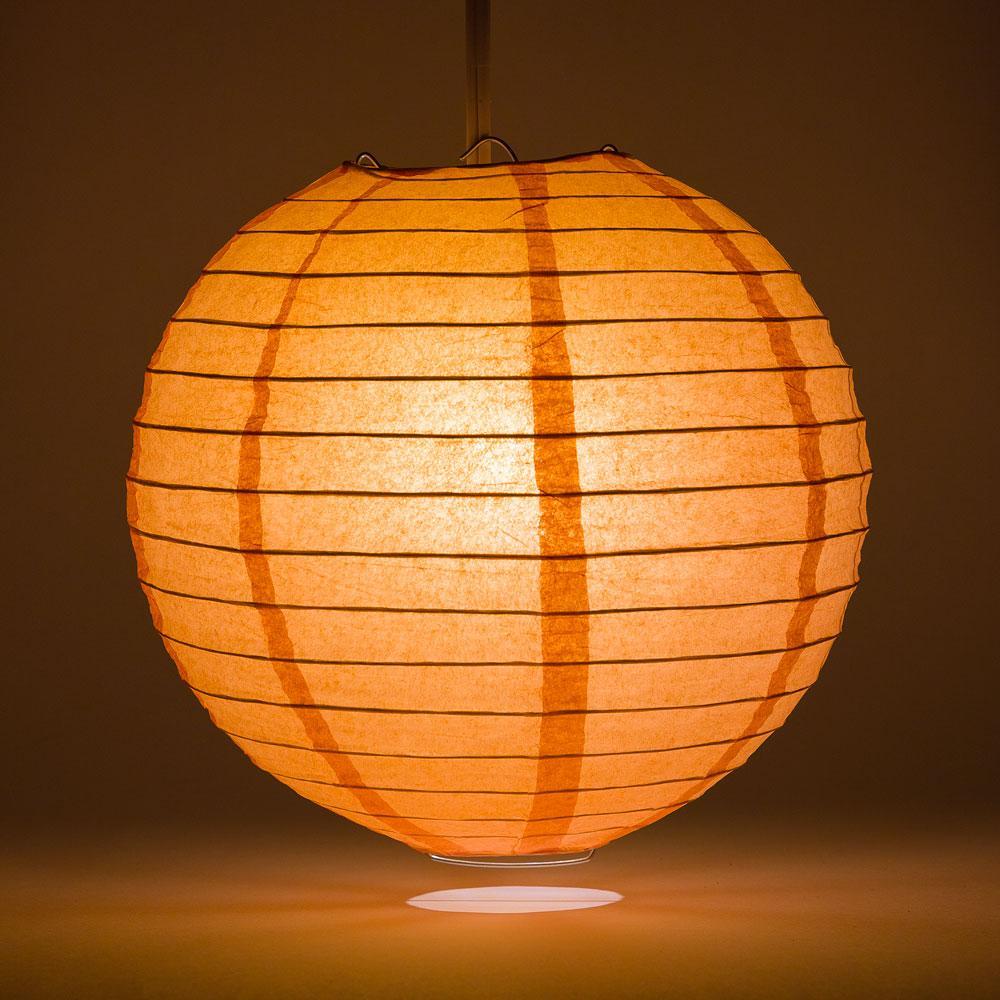 Lit Peach / Orange Coral Round Paper Lantern, Even Ribbing, Chinese Hanging Wedding &amp; Party 