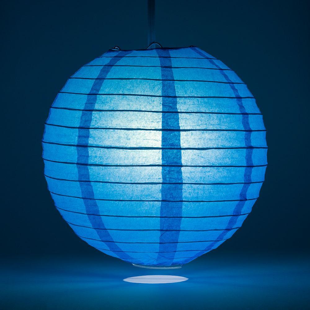 Lit Turquoise Blue Round Paper Lantern, Even Ribbing, Chinese Hanging Wedding &amp; Party Decoration