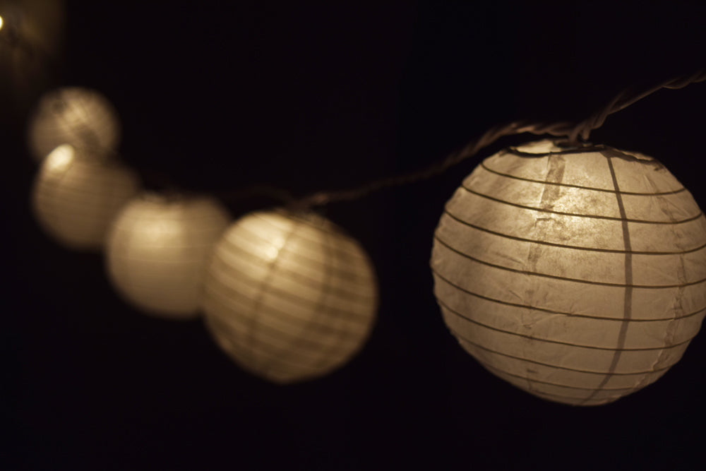 10 Socket White Round Paper Lantern Party String Lights (4" Lanterns, Expandable) - PaperLanternStore.com - Paper Lanterns, Decor, Party Lights & More