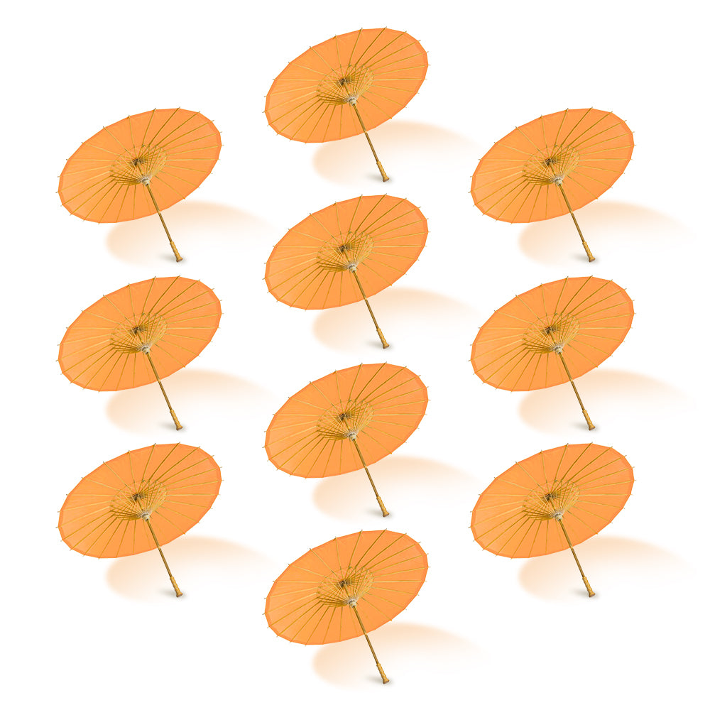 BULK PACK (10) 32" Orange Paper Parasol Umbrellas with Elegant Handles