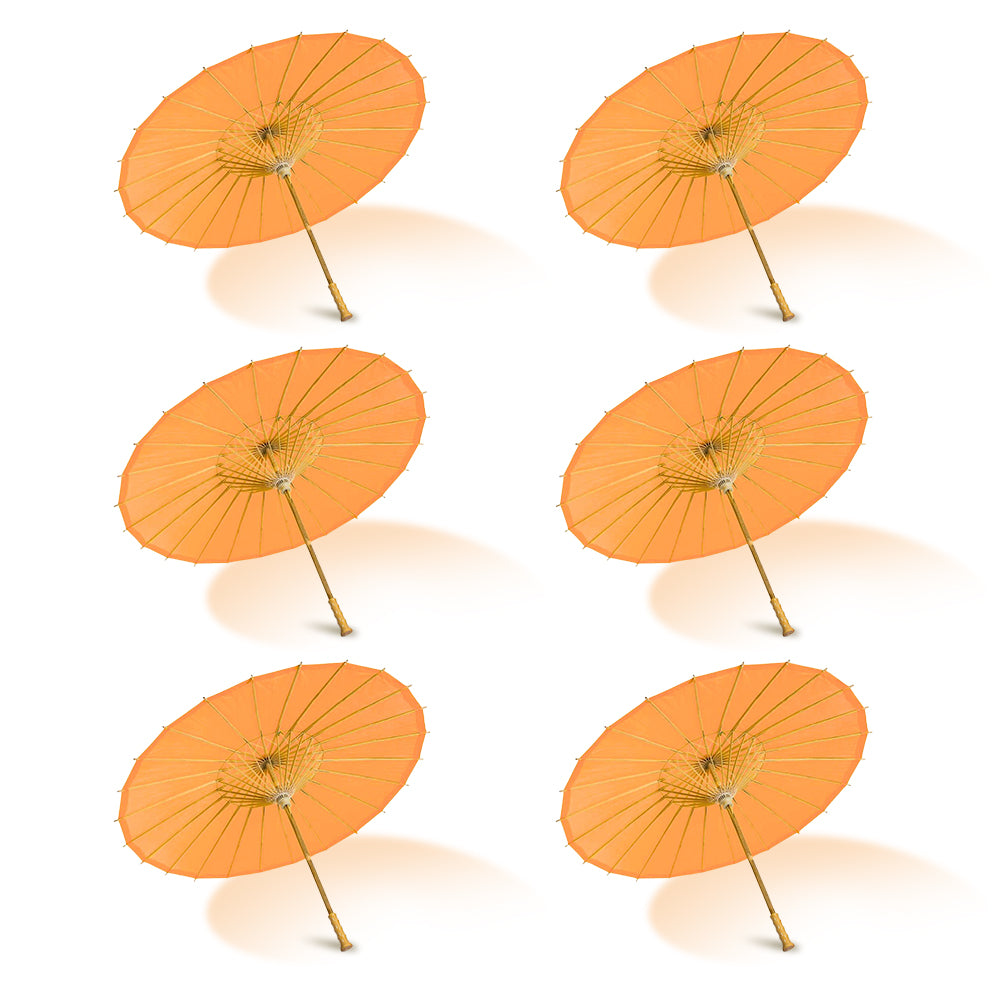 BULK PACK (6) 32" Orange Paper Parasol Umbrellas with Elegant Handles