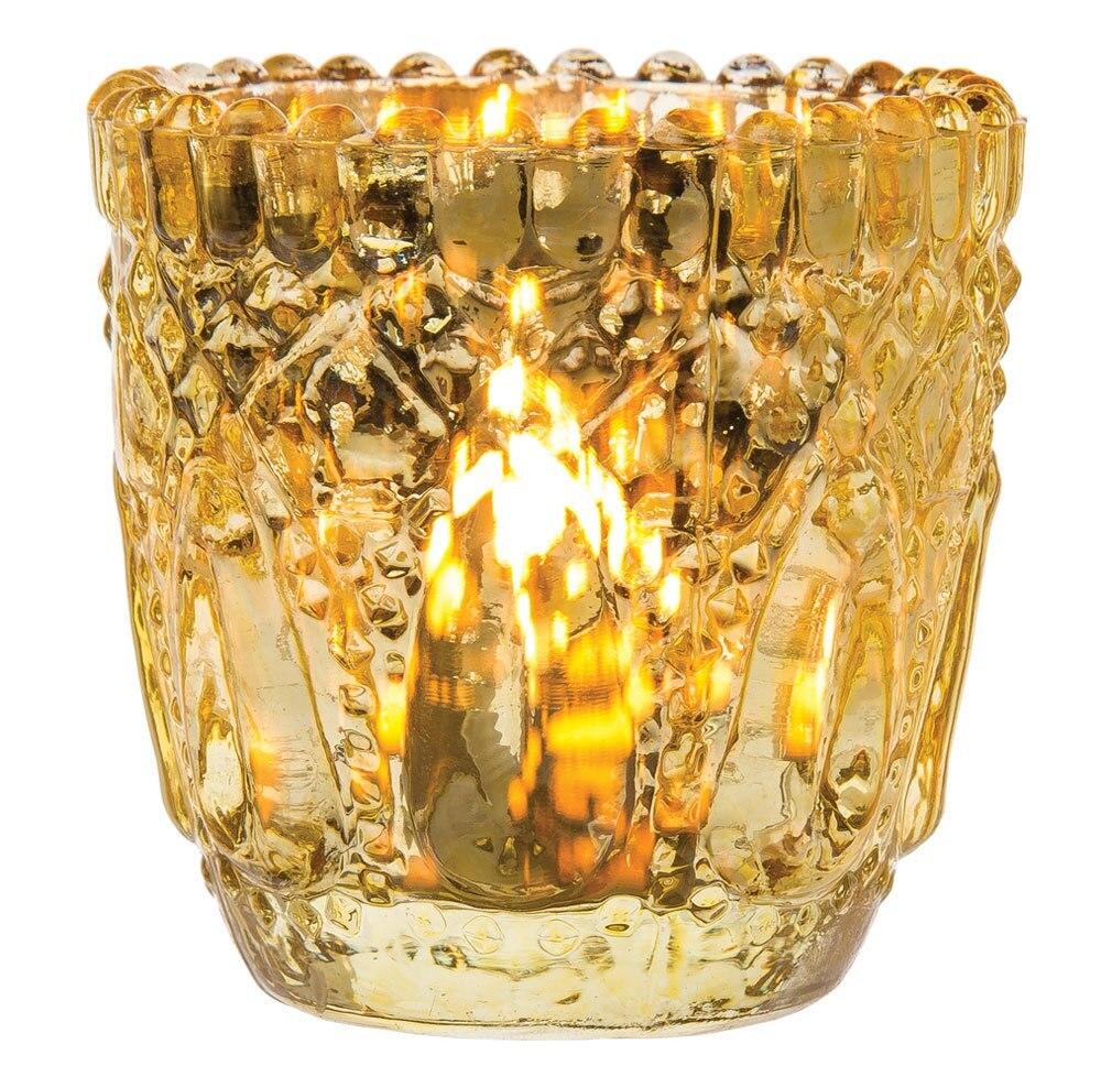 Faceted Vintage Mercury Glass Candle Holder (2.75-Inch, Lillian Design, Gold) - For Use with Tea Lights - For Home Decor, Parties and Wedding Decorations - PaperLanternStore.com - Paper Lanterns, Decor, Party Lights &amp; More