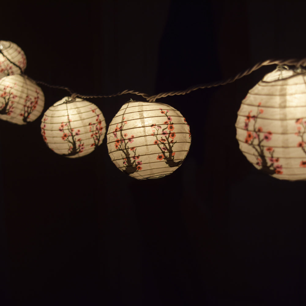 10 Socket Cherry Blossom / Sakura Round Paper Lantern Party String Lights (4&quot; Lanterns, Expandable) - PaperLanternStore.com - Paper Lanterns, Decor, Party Lights &amp; More