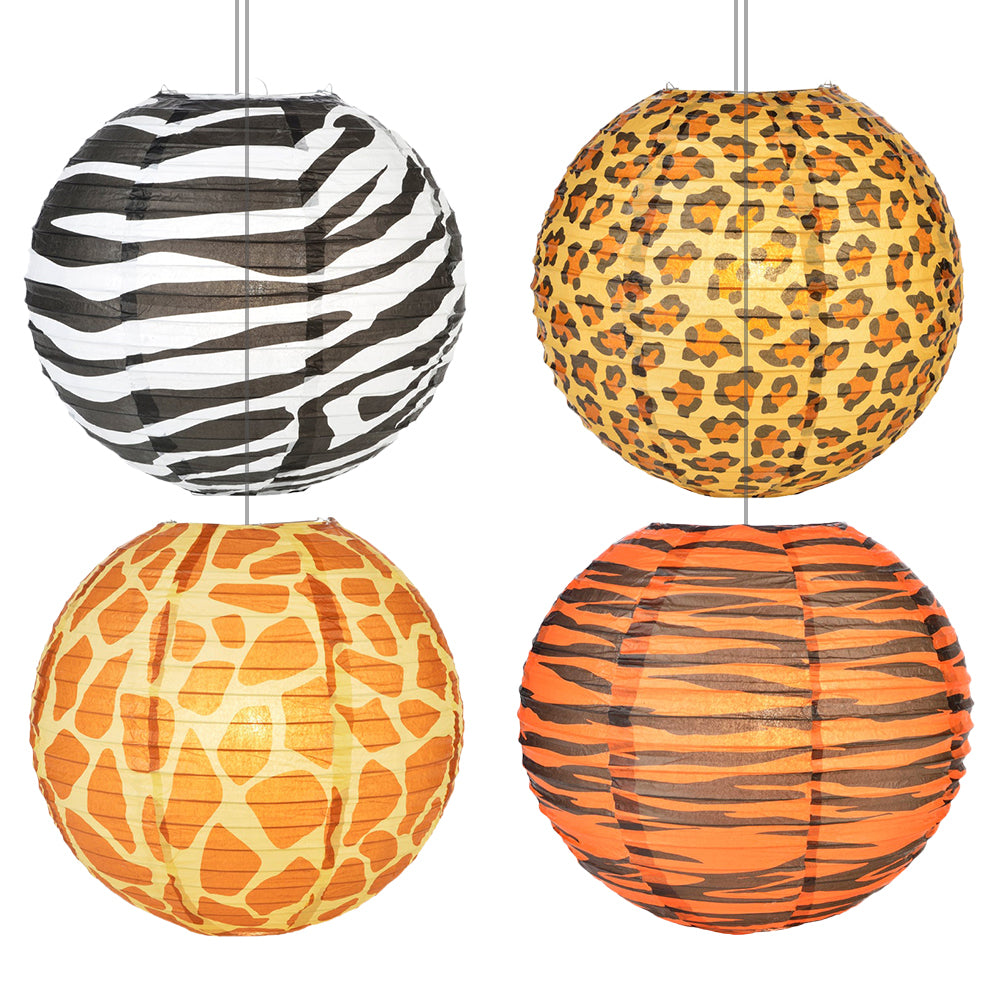 14" 4-Pack Safari Animal Print Cheetah Giraffe Tiger Zebra Paper Lanterns Party Variety Pack