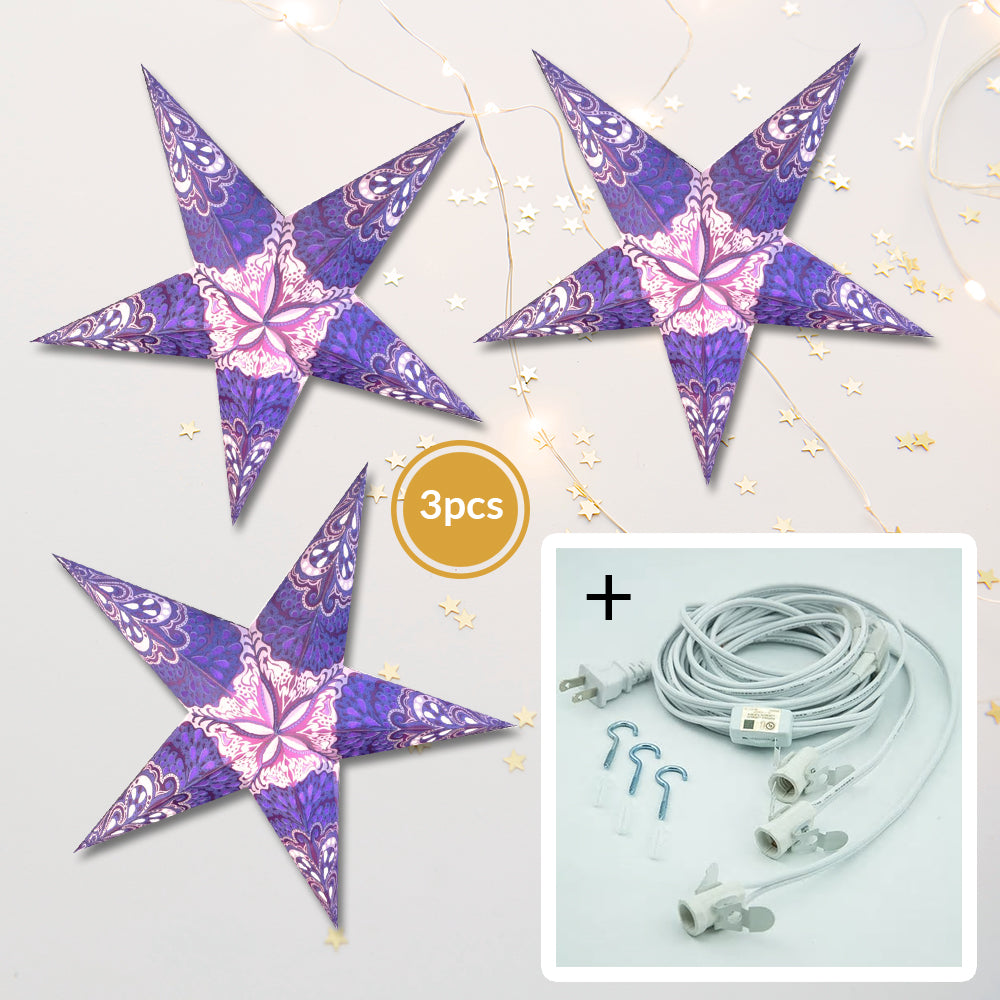 3-PACK + Cord | Blue Rain 24&quot; Illuminated Paper Star Lanterns and Lamp Cord Hanging Decorations - PaperLanternStore.com - Paper Lanterns, Decor, Party Lights &amp; More