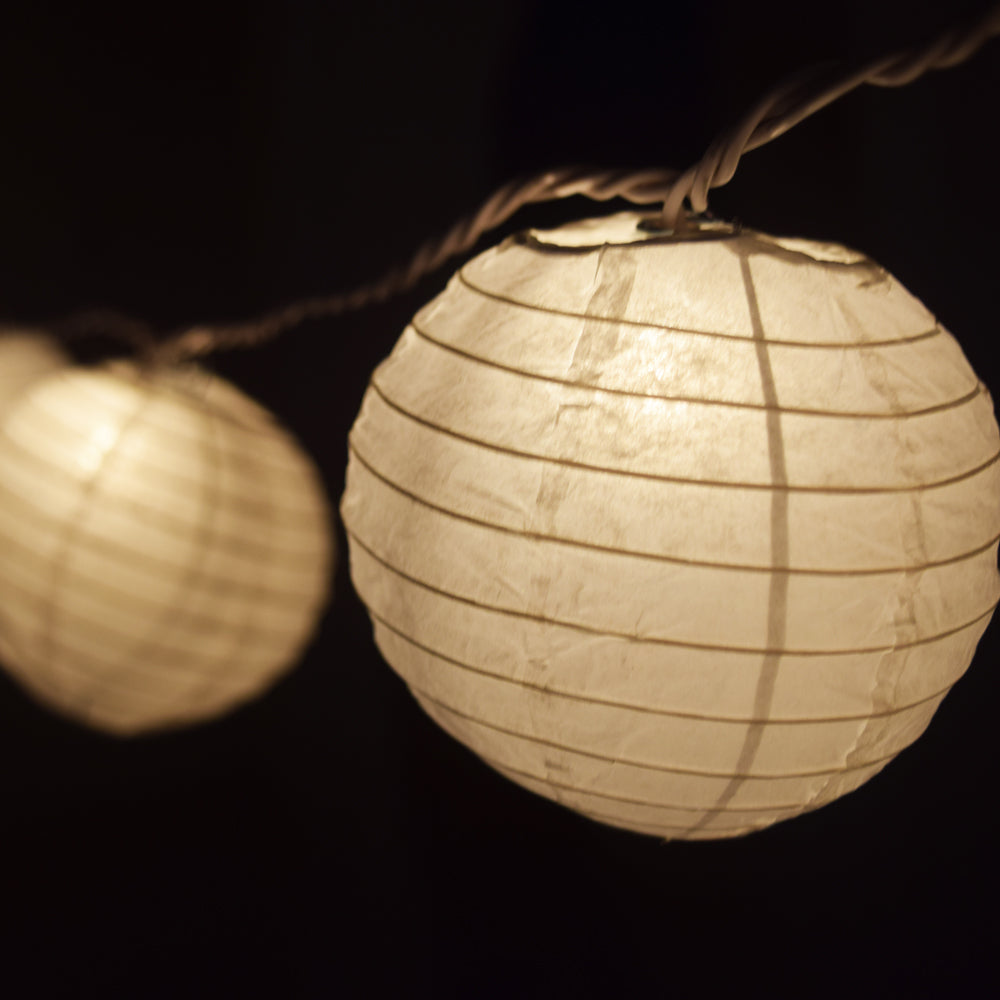 10 Socket White Round Paper Lantern Party String Lights (4" Lanterns, Expandable) - PaperLanternStore.com - Paper Lanterns, Decor, Party Lights & More