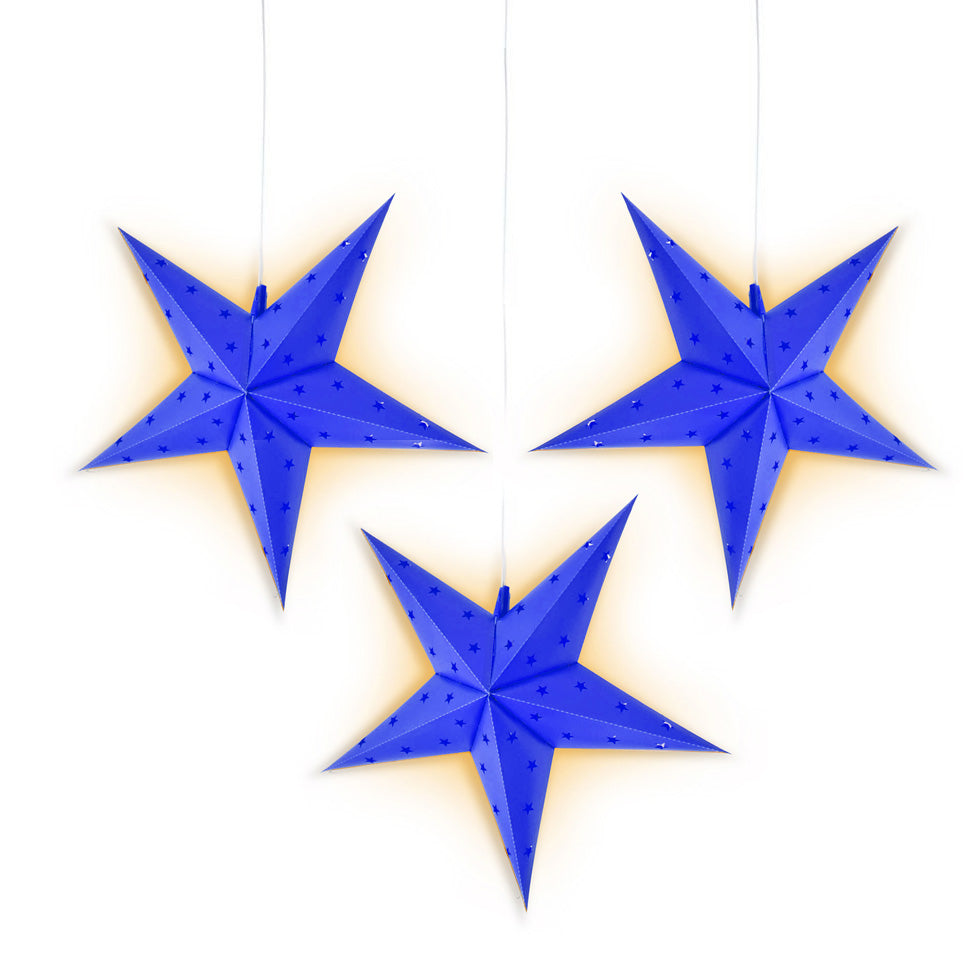 3-PACK + CORD + BULBS | 12" Dark Blue 5-Point Weatherproof Outdoor Plastic Star Lantern Pendant Light Kit