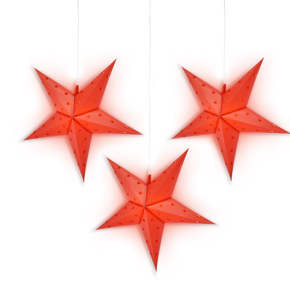 3-PACK + CORD + BULBS | 16" Red Weatherproof Outdoor Plastic Star Lantern Pendant Light Kit
