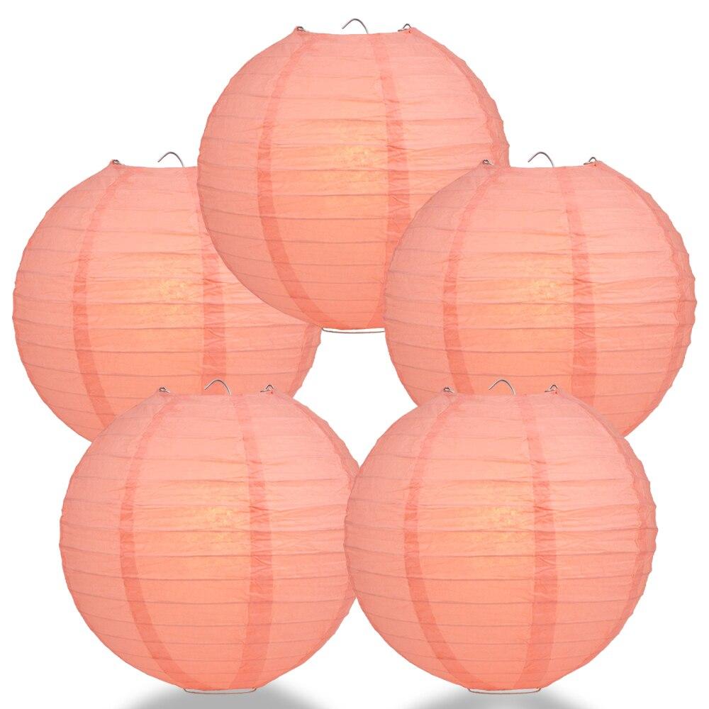 BULK PACK (5) 8&quot; Roseate / Pink Coral Round Paper Lantern, Even Ribbing, Chinese Hanging Wedding &amp; Party Decoration - PaperLanternStore.com - Paper Lanterns, Decor, Party Lights &amp; More