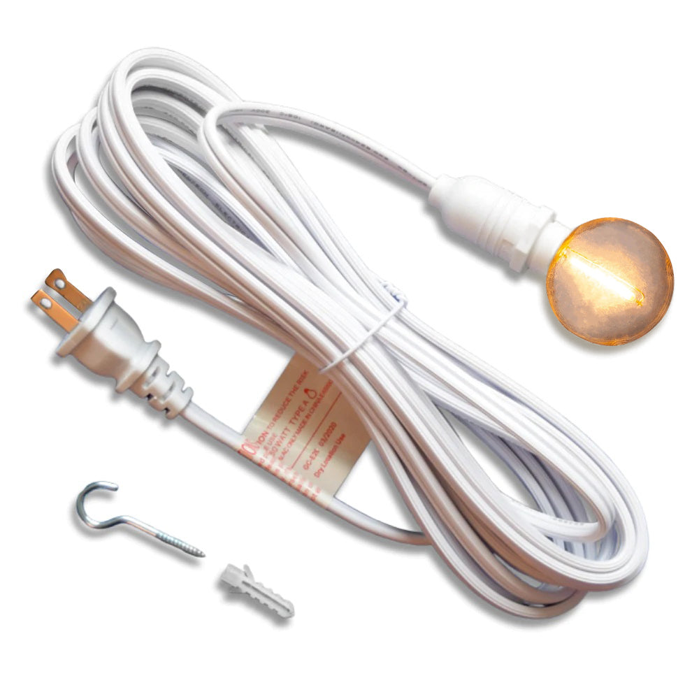 CORD + Shatterproof Bulb | White Weatherproof Outdoor Pendant Light Lamp Cord Combo Kit, E12 Base, Warm White G50 Bulb