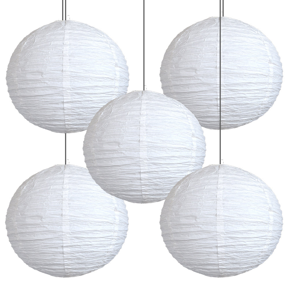 BULK PACK (5) 20" White Round Crepe Paper Lanterns, Even Ribbing, Hanging Decoration