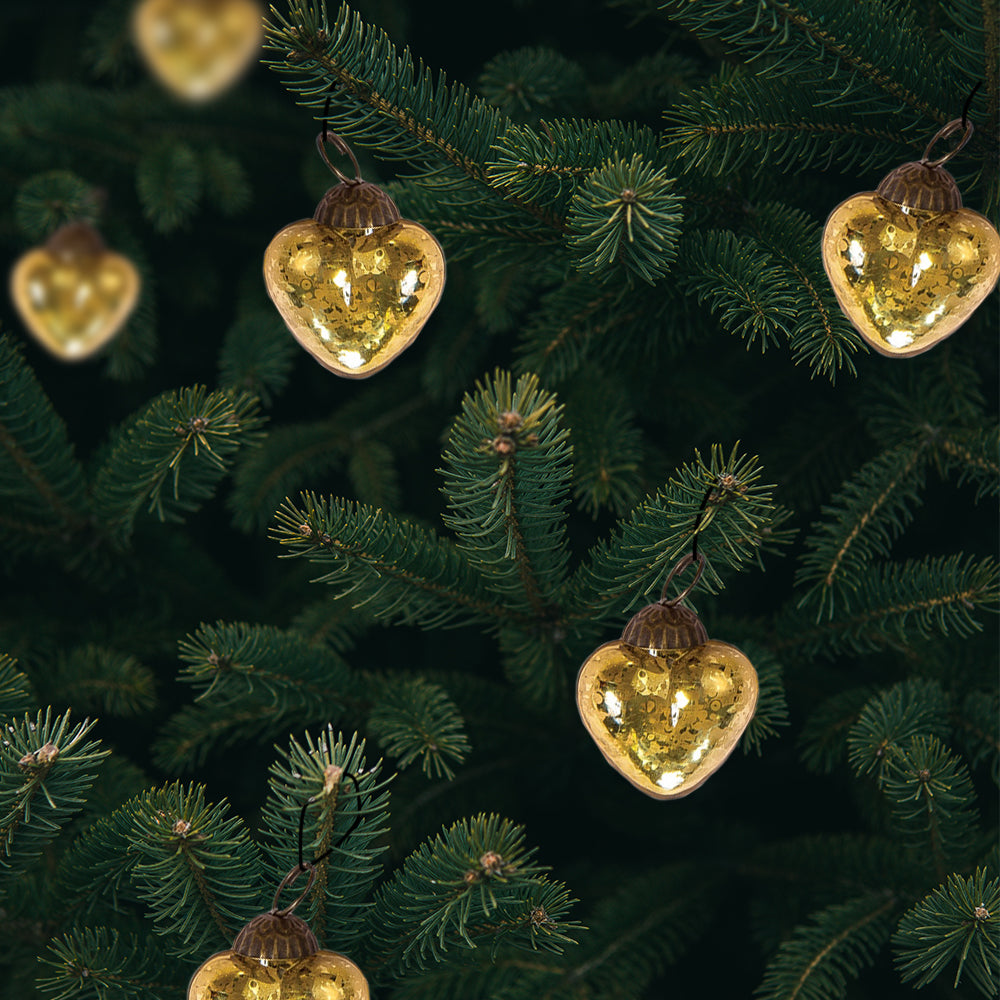 6 Pack | 1.5&quot; Gold Cora Mercury Glass Heart Ornaments Christmas Tree Decoration - PaperLanternStore.com - Paper Lanterns, Decor, Party Lights &amp; More