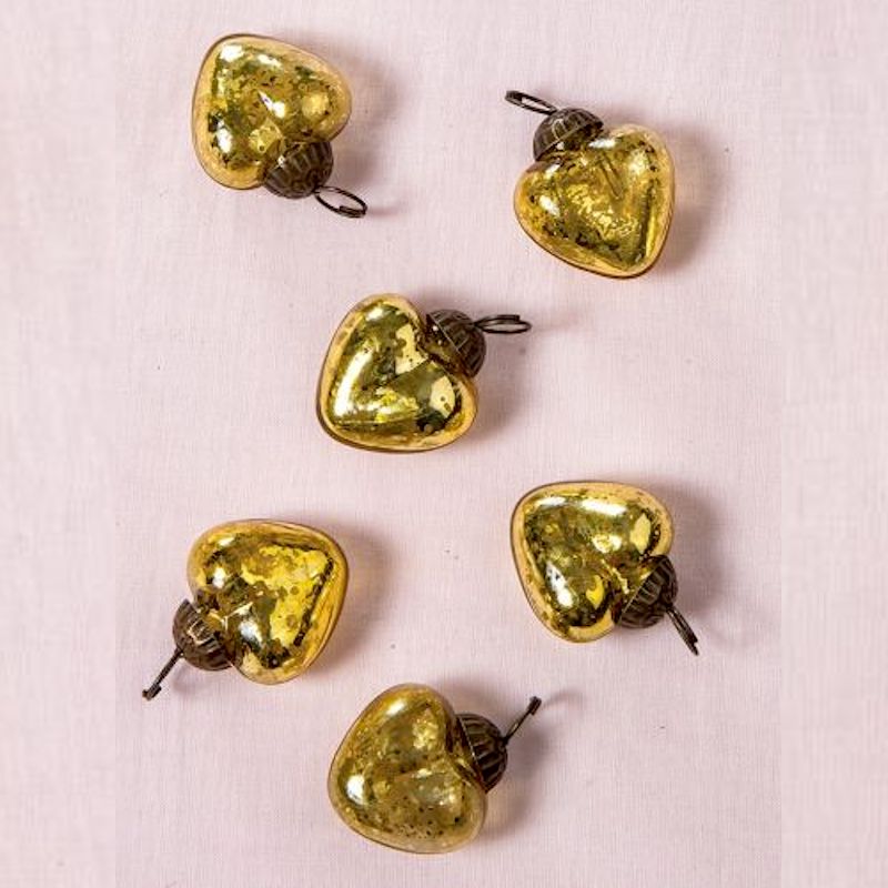 6 Pack | 1.5&quot; Gold Cora Mercury Glass Heart Ornaments Christmas Tree Decoration