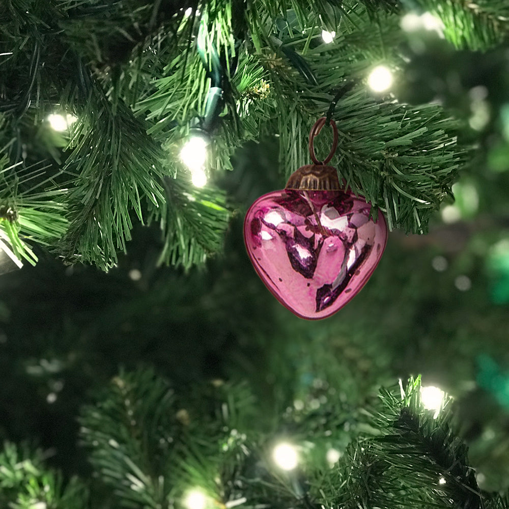 6 Pack | 1.5" Pink Cora Mercury Glass Heart Ornaments Christmas Tree Decoration