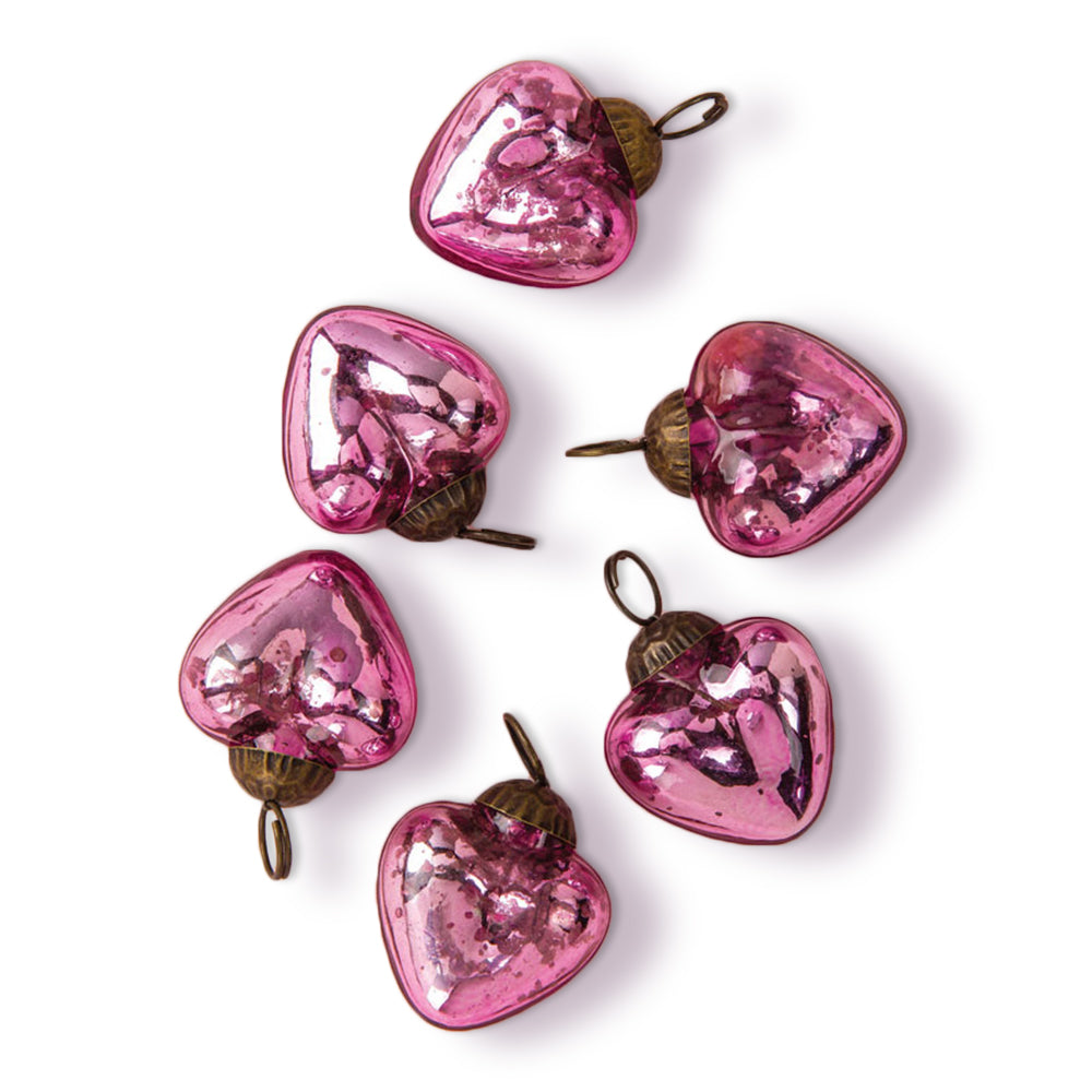 6 Pack | 1.5&quot; Pink Cora Mercury Glass Heart Ornaments Christmas Tree Decoration - PaperLanternStore.com - Paper Lanterns, Decor, Party Lights &amp; More
