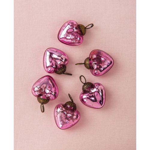 6 Pack | 1.5" Pink Cora Mercury Glass Heart Ornaments Christmas Tree Decoration