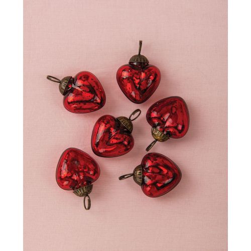 6 Pack | 1.5" Red Cora Mercury Glass Heart Ornaments Christmas Tree Decoration