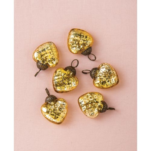 6 Pack | 1.25" Gold Deidra Mercury Glass Lined Heart Ornaments Christmas Tree Decoration