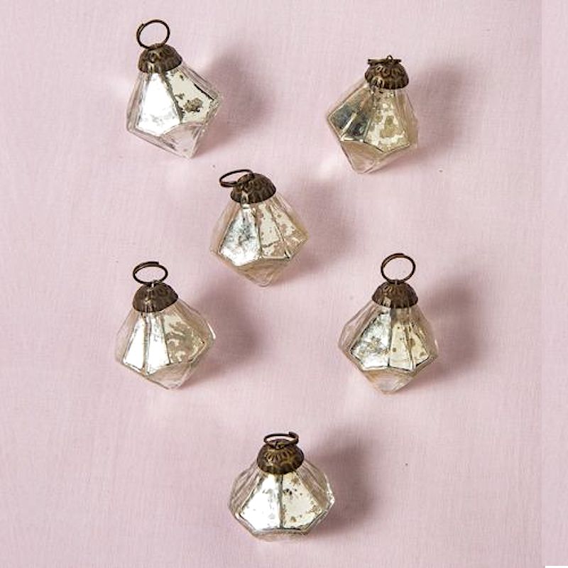 6 Pack | 1.75" Silver Elizabeth Mercury Glass Diamond Ornaments Christmas Tree Decoration