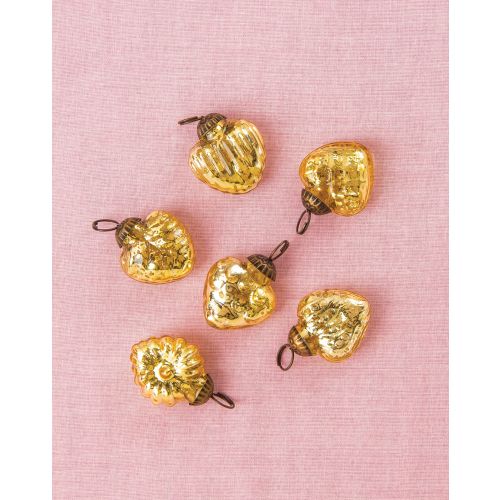 6 Pack | 1.5&quot; Gold Mini Mercury Glass Assorted Heart Ornaments Christmas Tree Decoration