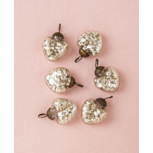 6 Pack | 1.25&quot; Silver Hetty Mercury Glass Designer Heart Ornaments Christmas Tree Decoration