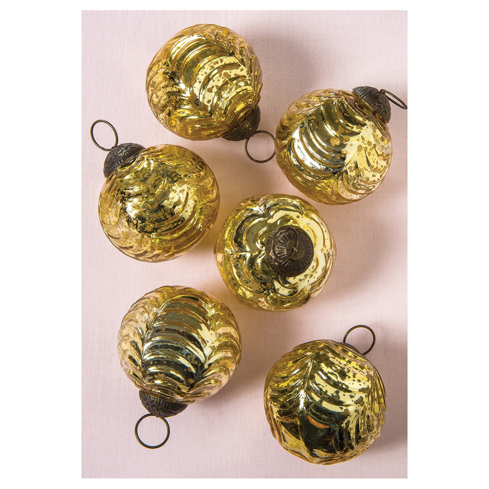 6 Pack | 2.5" Gold Nola Mercury Glass Waved Ball Ornaments Christmas Decoration