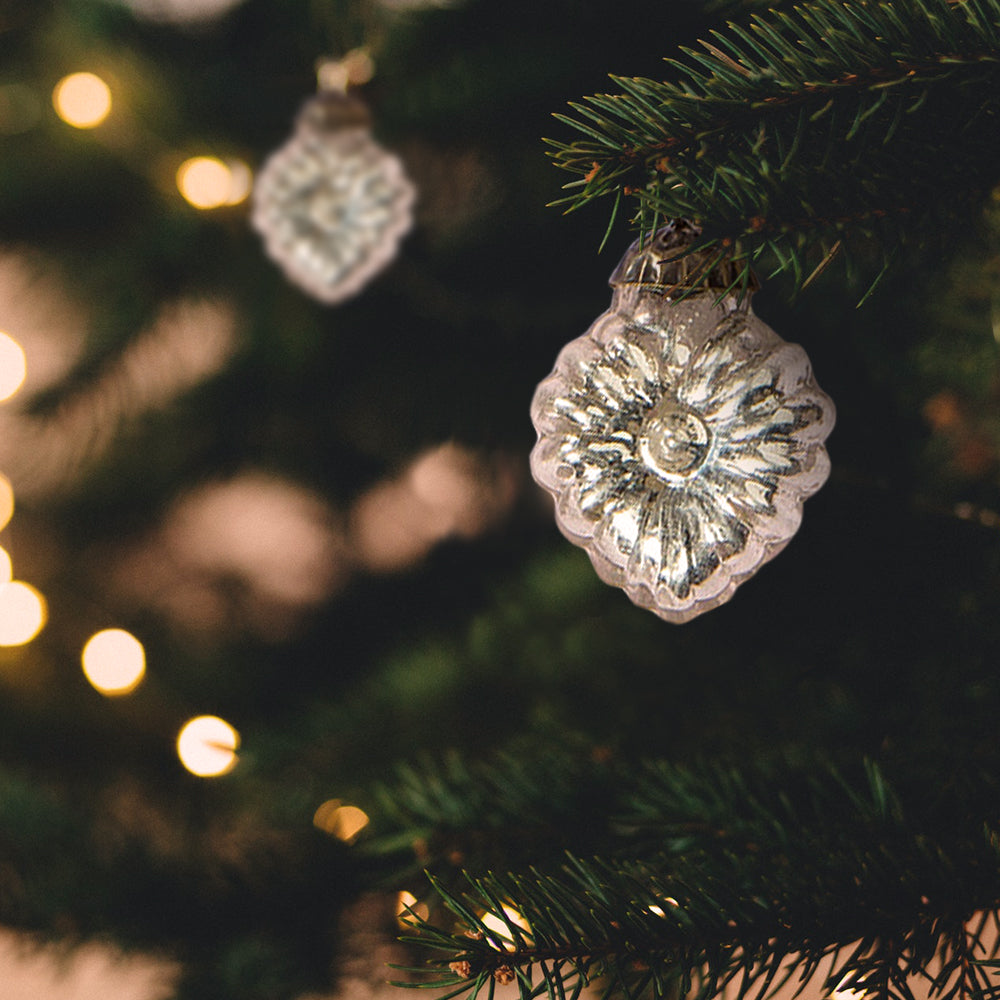 6 Pack | 1.25" Silver Viola Mercury Glass Heart Ornaments Christmas Tree Decoration