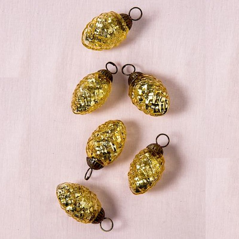 6 Pack | 1.5" Gold Willow Mercury Glass Pine Cone Ornaments Christmas Tree Decoration
