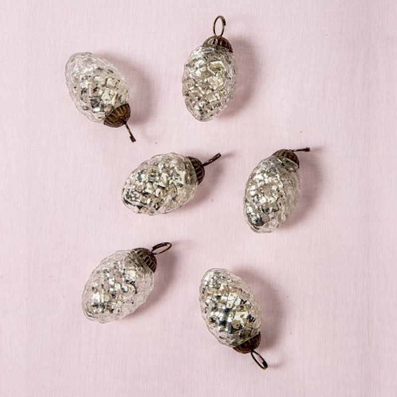 6 Pack | 1.5" Silver Willow Mercury Glass Pine Cone Ornaments Christmas Tree Decoration