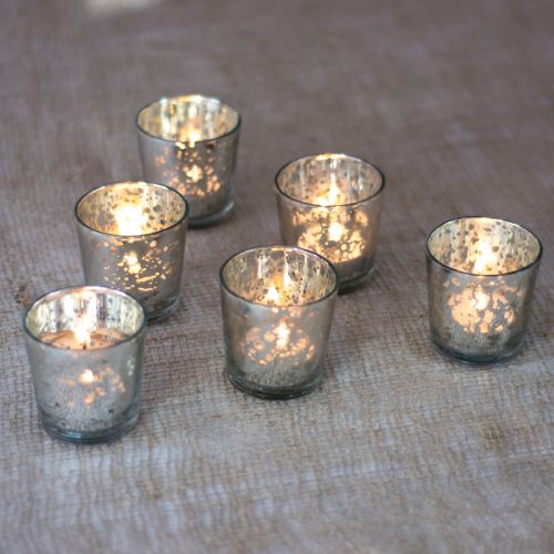 6 Pack | Vintage Mercury Glass Candle Holders (2.5-Inch, Lila Design, Liquid Motif, Silver) - For Use with Tea Lights - For Parties, Weddings and Homes - PaperLanternStore.com - Paper Lanterns, Decor, Party Lights &amp; More