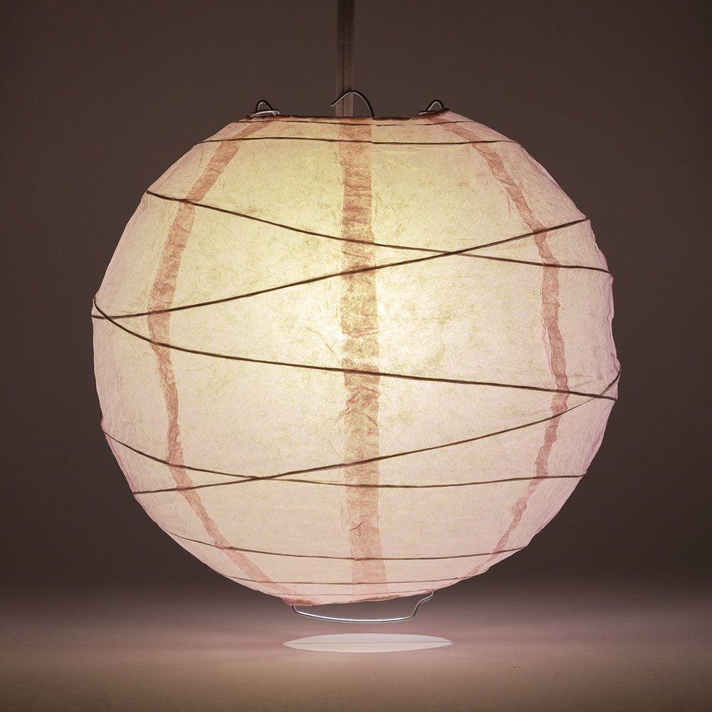 Lit Rose Quartz Pink Round Paper Lantern, Crisscross Ribbing, Chinese Hanging Wedding &amp; Party Decoration