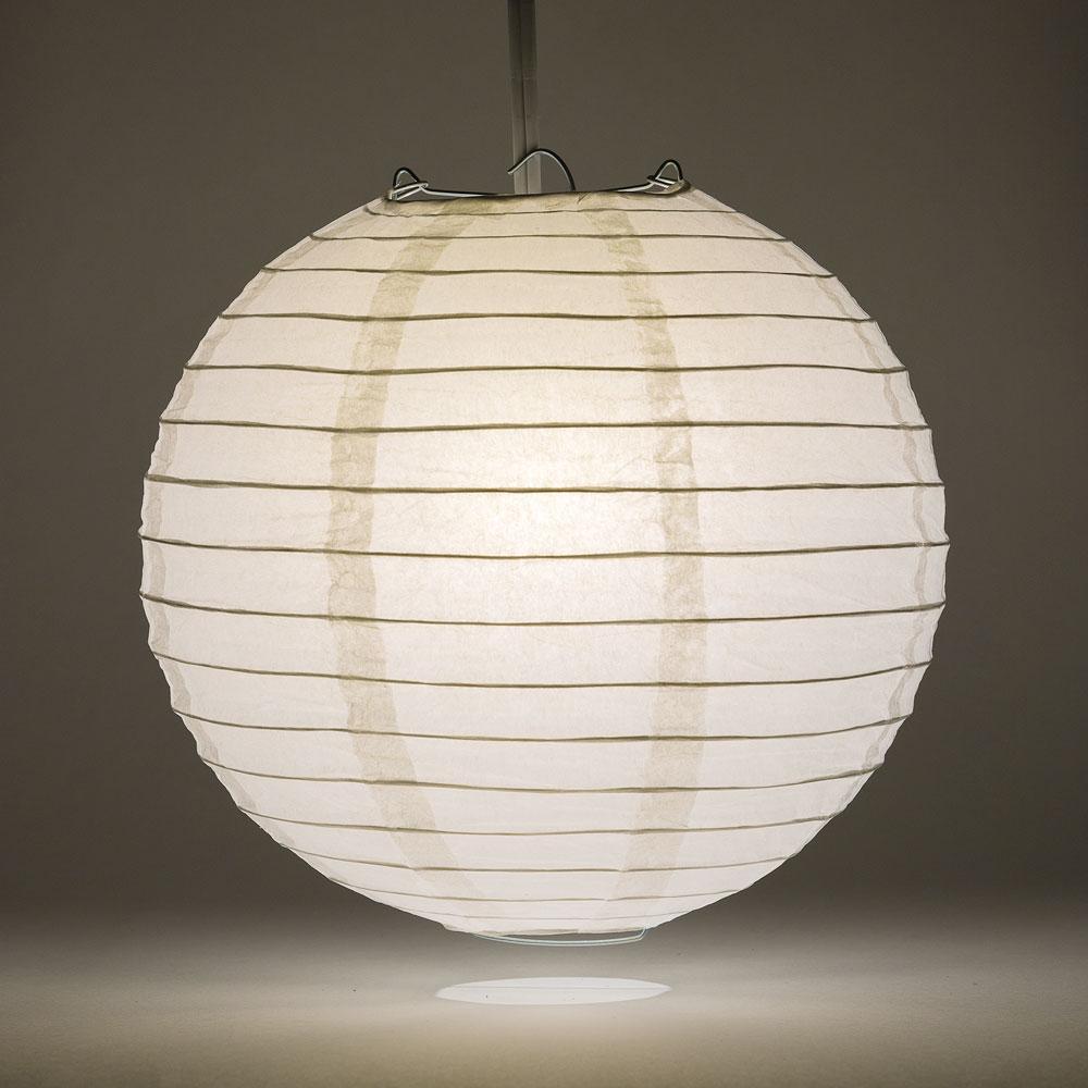 Lit White Round Paper Lantern, Even Ribbing, Chinese Hanging Wedding &amp; Party Decoration