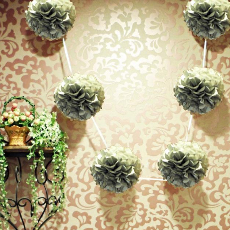 EZ-Fluff 6&quot; Silver Hanging Tissue Paper Flower Pom Pom, Party Garland Decoration - PaperLanternStore.com - Paper Lanterns, Decor, Party Lights &amp; More