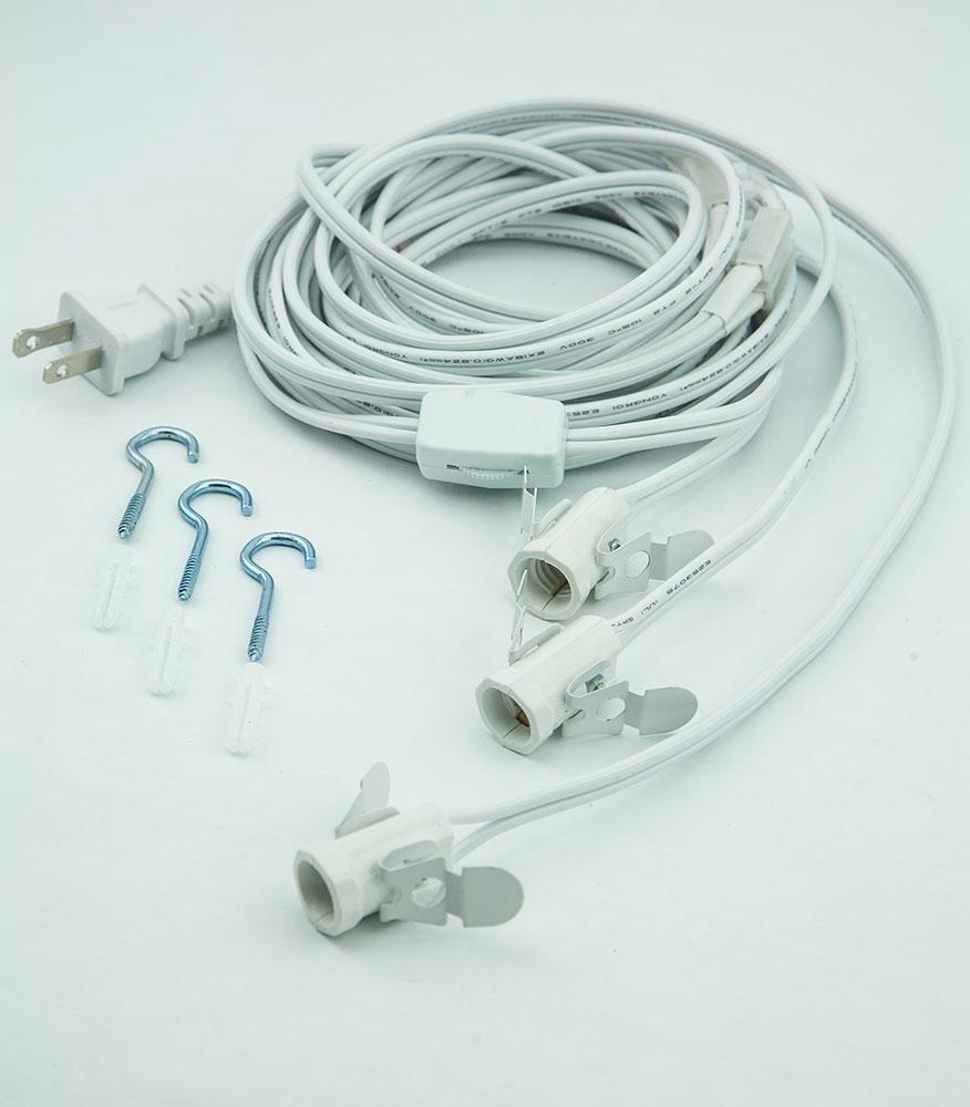 3-PACK + CORD + BULBS | White Grey Peacock 24" Illuminated 7-Point Paper Star Lanterns and Lamp Cord Hanging Decorations