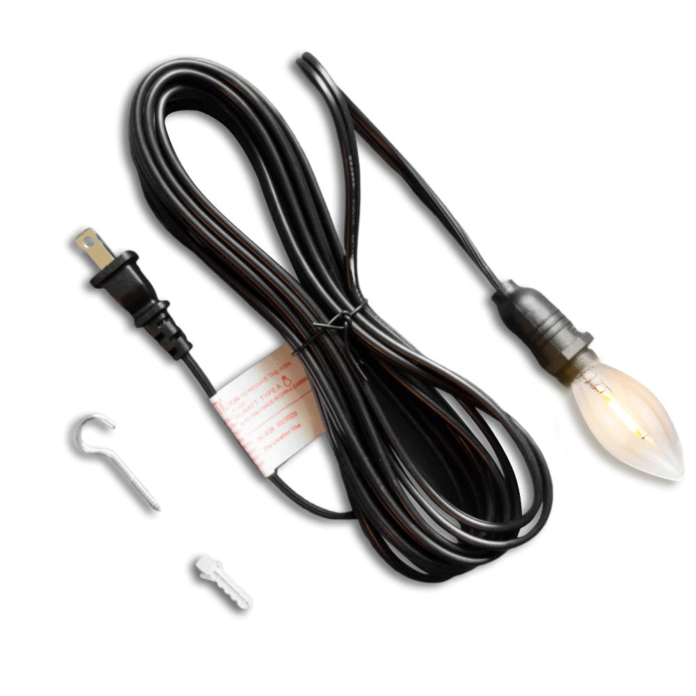 CORD + Shatterproof Bulb | Black Weatherproof Outdoor Pendant Light Lamp Cord Combo Kit, E12 Base, Warm White Candelabra Bulb