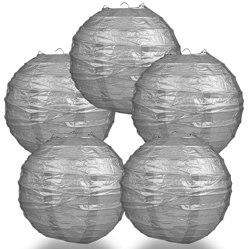 BULK PACK (5) 28&quot; Silver Round Paper Lantern, Crisscross Ribbing, Hanging - PaperLanternStore.com - Paper Lanterns, Decor, Party Lights &amp; More