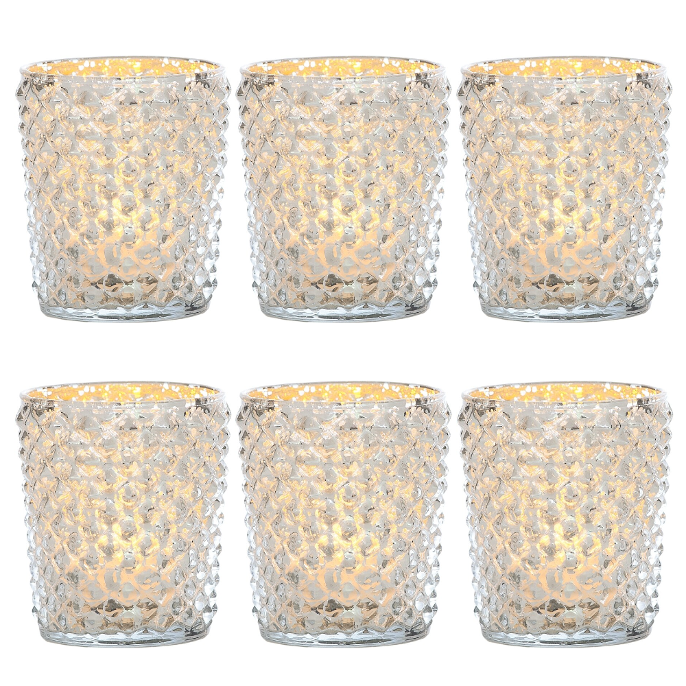 6 Pack | Vintage Mercury Glass Candle Holder (3-Inch, Zariah Design, Silver) - For Use with Tea Lights - For Home Decor, Parties and Wedding Decorations - PaperLanternStore.com - Paper Lanterns, Decor, Party Lights & More