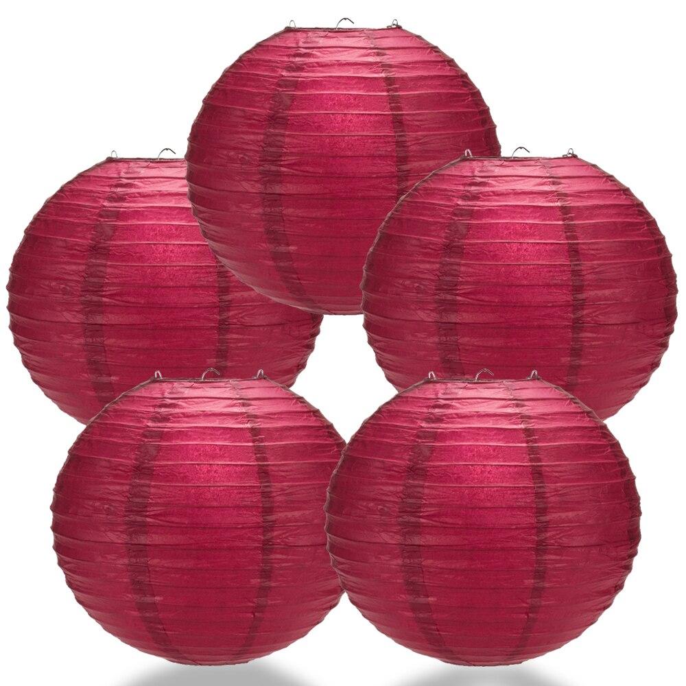 BULK PACK (5) 16" Velvet Rose Red Round Paper Lantern, Even Ribbing, Hanging Decoration - PaperLanternStore.com - Paper Lanterns, Decor, Party Lights & More