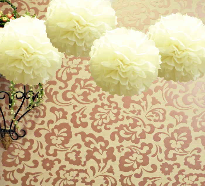 EZ-Fluff 8&quot; Beige Tissue Paper Pom Pom Flowers, Hanging Decorations (4 PACK) - PaperLanternStore.com - Paper Lanterns, Decor, Party Lights &amp; More