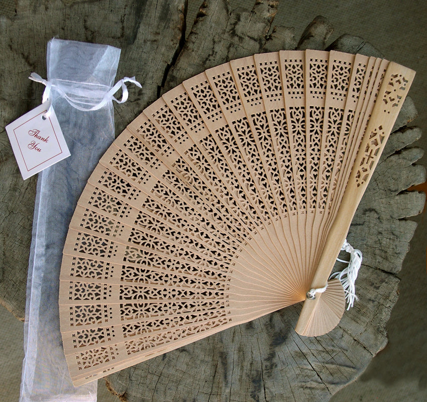 8&quot; Natural Beige / Ivory Tan Sandalwood Folding Hand Fan w/ Organza Bag for Weddings (10 PACK) - PaperLanternStore.com - Paper Lanterns, Decor, Party Lights &amp; More