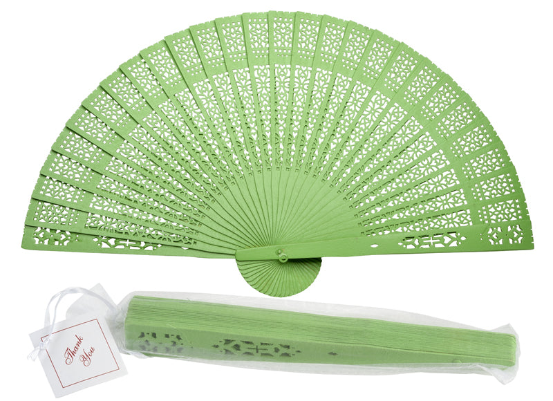 8&quot; Light Lime Green Wood Panel Hand Fan w/ Organza Bag for Weddings - PaperLanternStore.com - Paper Lanterns, Decor, Party Lights &amp; More