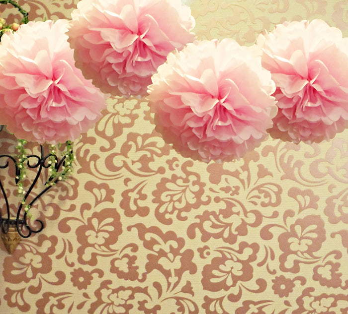 EZ-Fluff 8&quot; Light Pink Tissue Paper Pom Pom Flowers, Hanging Decorations (4 PACK) - PaperLanternStore.com - Paper Lanterns, Decor, Party Lights &amp; More