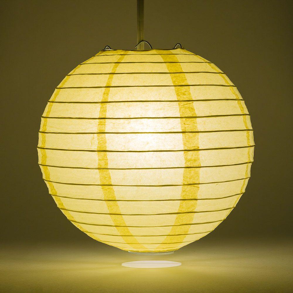 Lit Lemon Yellow Chiffon Round Paper Lantern, Even Ribbing, Chinese Hanging Wedding &amp; Party Decoration