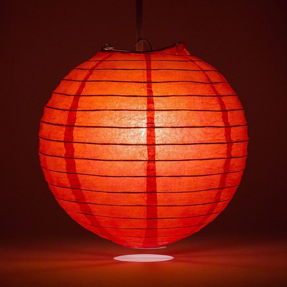 Lit Red Round Paper Lantern, Even Ribbing, Chinese Hanging Wedding &amp; Party Decoration