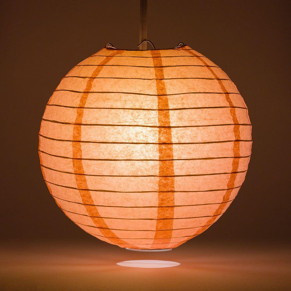 Lit Roseate / Pink Coral Round Paper Lantern, Even Ribbing, Chinese Hanging Wedding &amp; Party Decoration