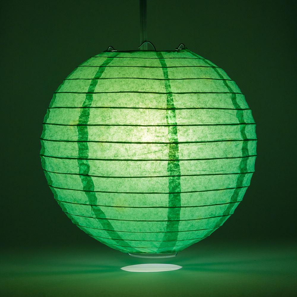 Lit Dark Green Round Paper Lantern, Crisscross Ribbing, Chinese Hanging Wedding &amp; Party Decoration