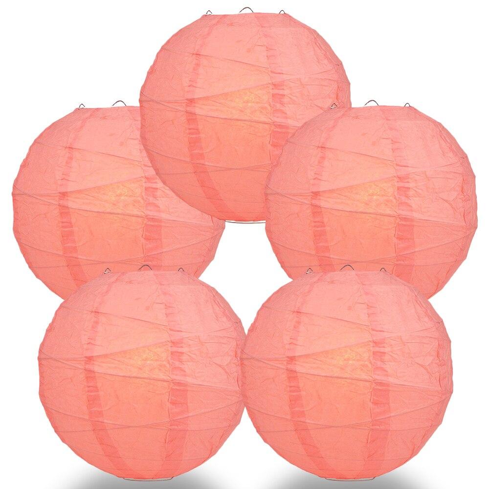 BULK PACK (5) 20" Roseate / Pink Coral Round Paper Lantern, Crisscross Ribbing, Chinese Hanging Wedding & Party Decoration - PaperLanternStore.com - Paper Lanterns, Decor, Party Lights & More