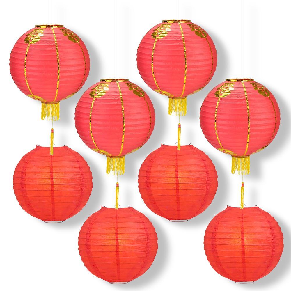 Quasimoon 8 Pack 12 inch Red Chinese New Year Prosperity Paper Lantern, Hanging Combo Set, Size: 12 Lanterns