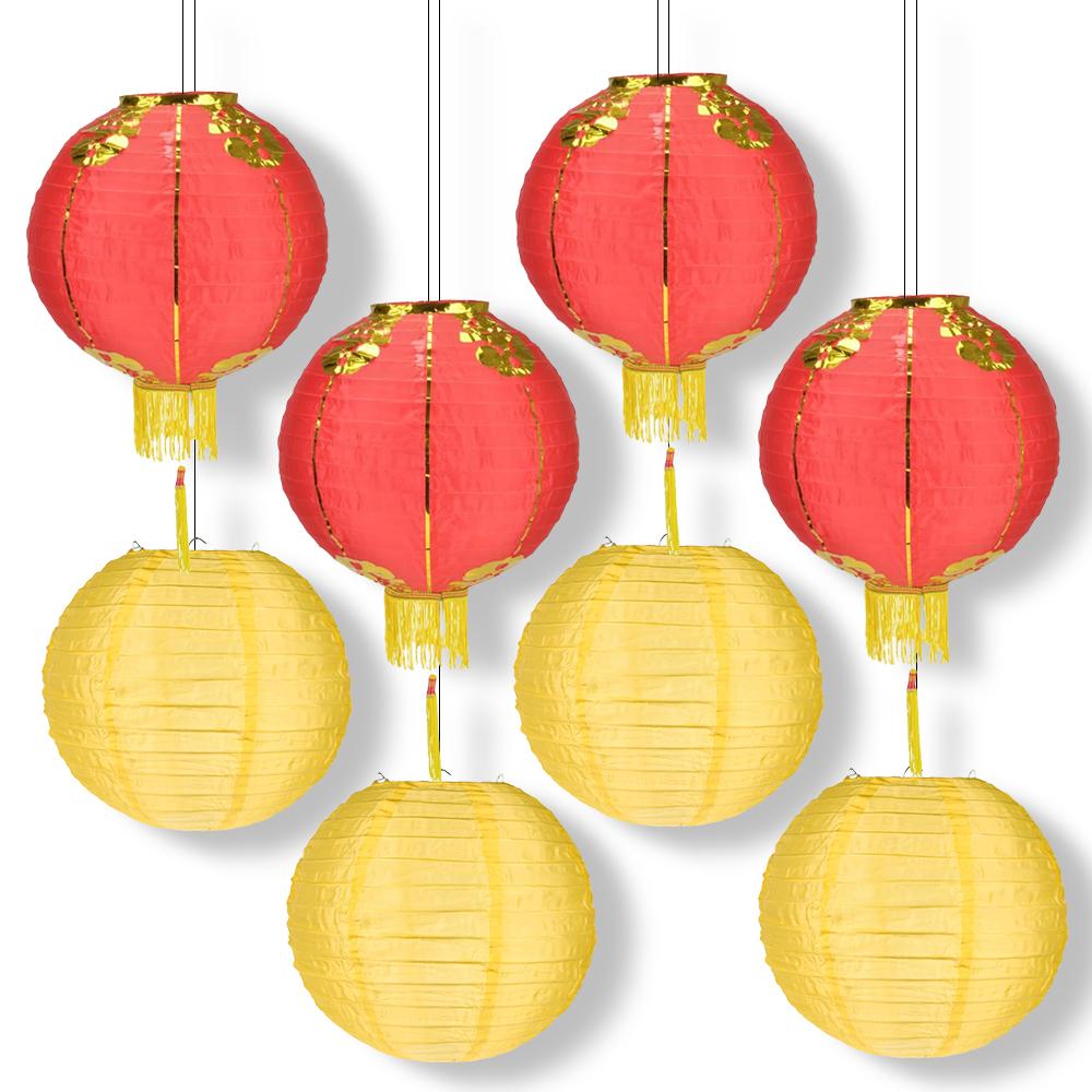 8 PACK | Red Yellow Chinese Lunar New Year Prosperity Nylon Lantern, Hanging Combo Set