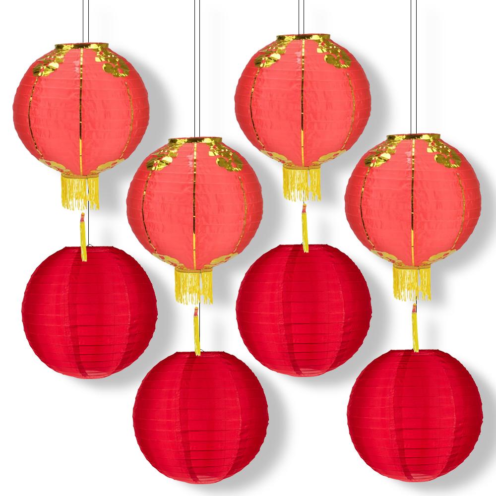 8 PACK | Red Chinese Lunar New Year Prosperity Nylon Lantern, Hanging Combo Set